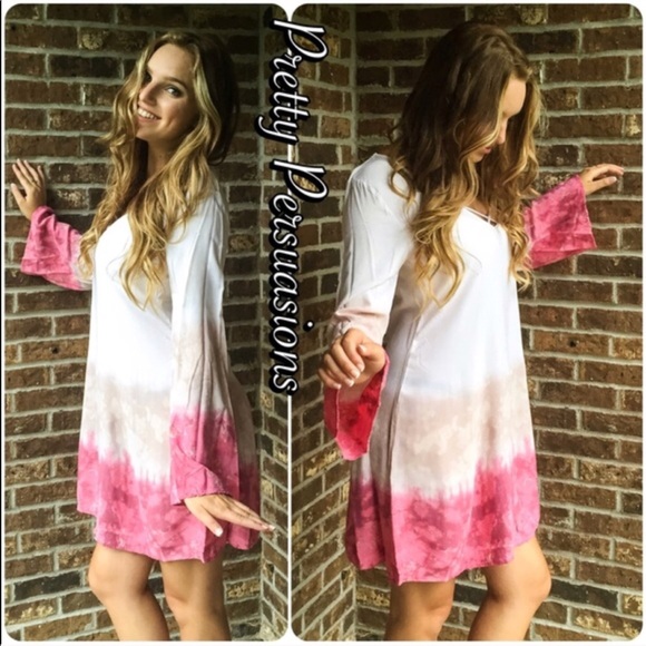 Blush White Tan Tie Dyed Long Bell Sleeve Dress - Picture 5 of 8